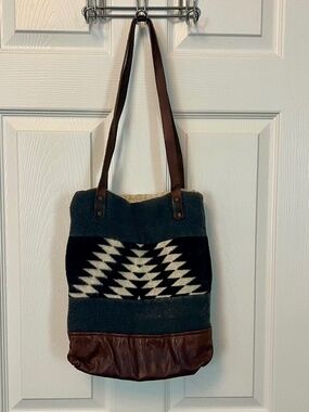 NAN-MADE Upcycled Pendleton Wool & Leather Aztec Tote Purse Travel Bag